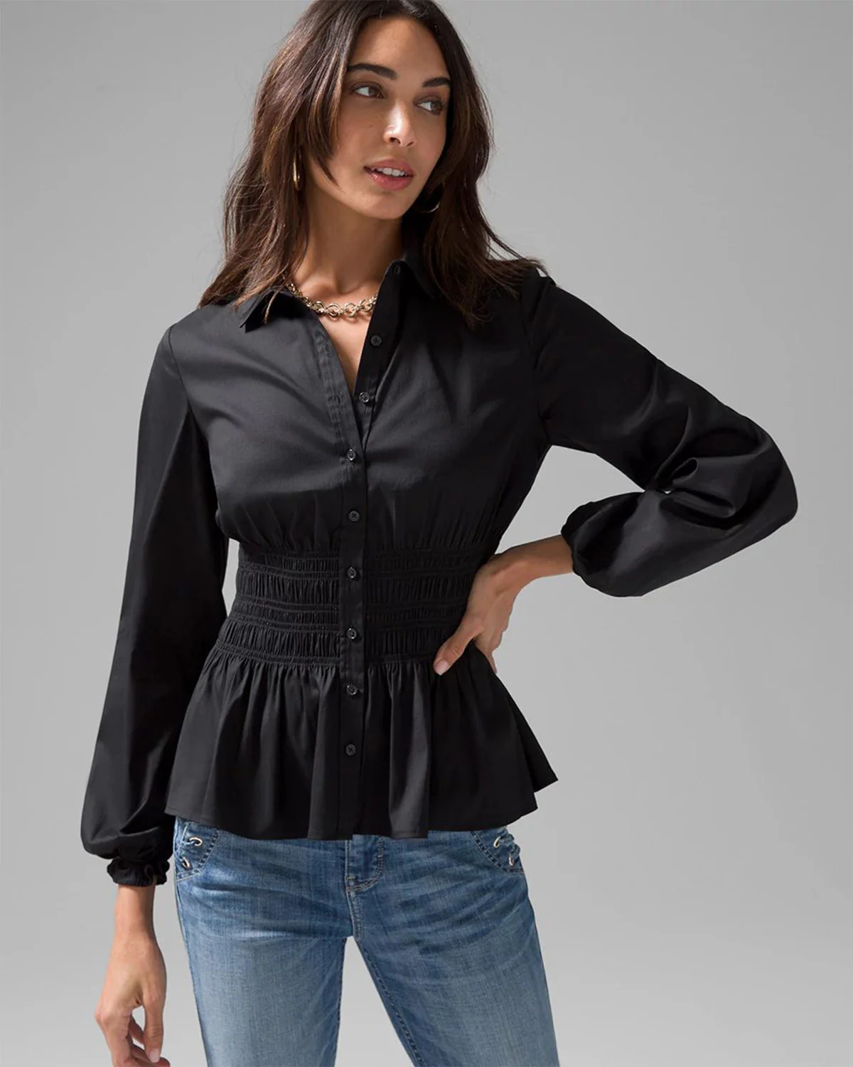 Black Smocked Waist Peplum Button Down Top